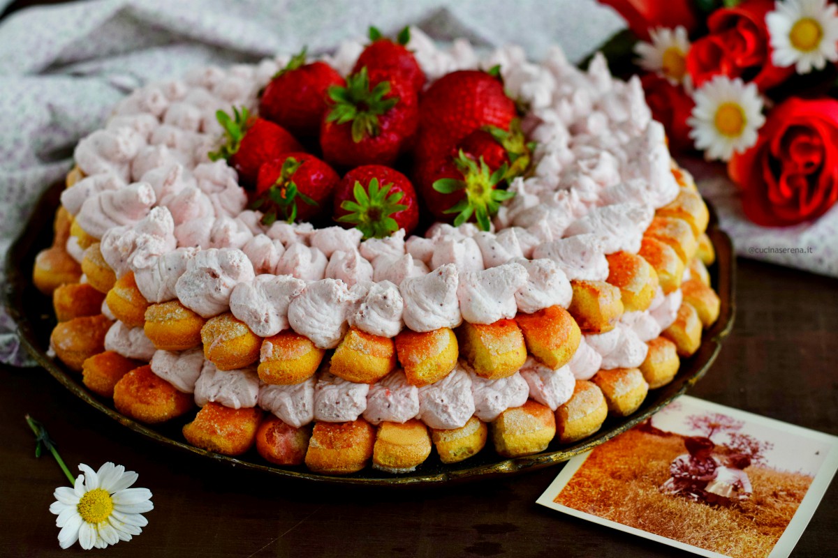 Strawberries tiramisù cake made with savoiardi biscuit dipped  in strawberries sauce and stuffed with mascarpone and whipped cream 
