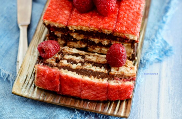wafer cake with chocolate and raspberries