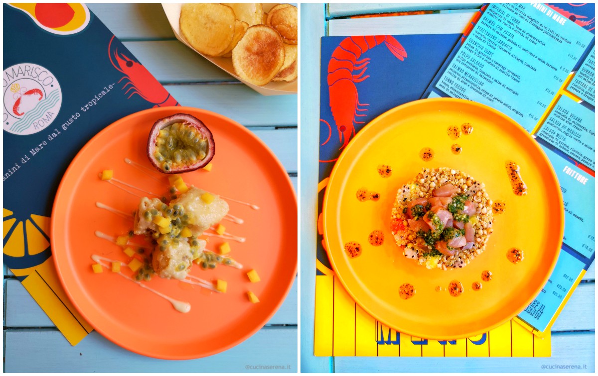 Piatti dal menu di O Rei di Marisco locale d'ispirazione Capo Verdiano, nella foto razza fritta e insalata di quinoa con crudo di pesce