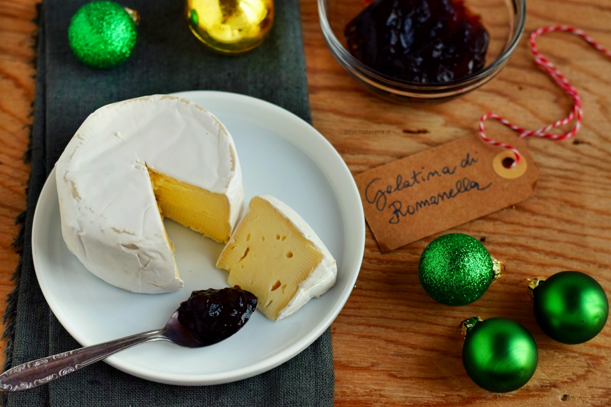 Gelatina di vino rosso romanella. Nella in un piatto del brie e un cucchiaino di gelatina di vino rosso sullo sfondo la ciotola con la gelatina