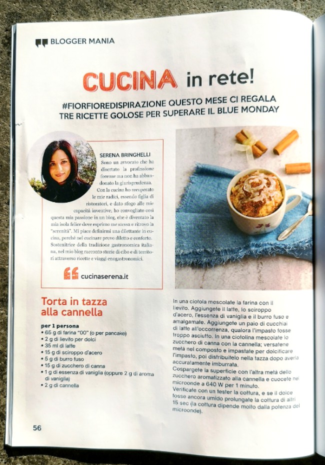 Cinnamon roll mug cake - ricetta di Cucina Serena sulla rivista mensile di cucina Fior fiore in cucina. Numero di gennaio 2020