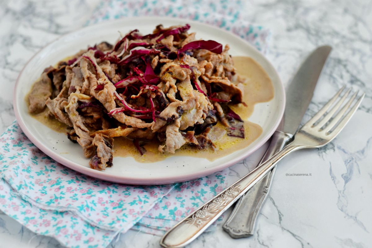 Straccetti di carne al radicchio e gorgonzola nella foto presentati in un piatto con immagine molto vicina in orizzontale dove si vede bene la pietanza